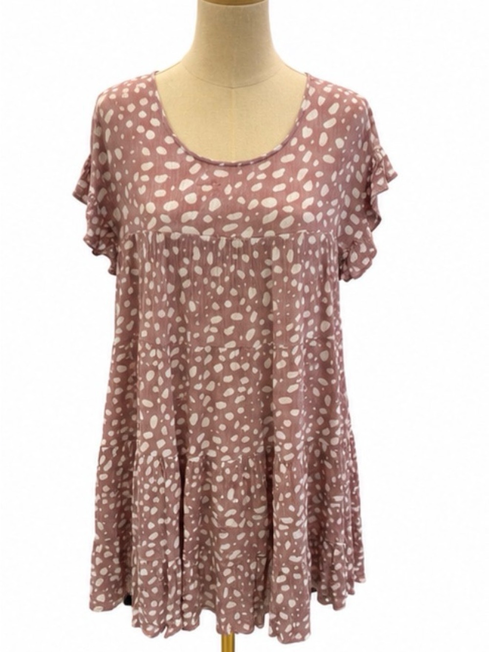entro Medium Mauve Ivory Animal Print Babydoll Tiered Flowy Mini Dress